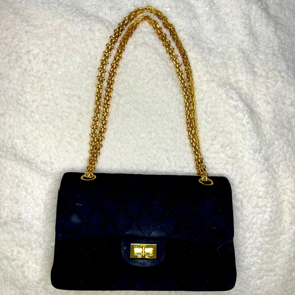 CHANEL black suede quilted flap shoulder bag with gold hardware